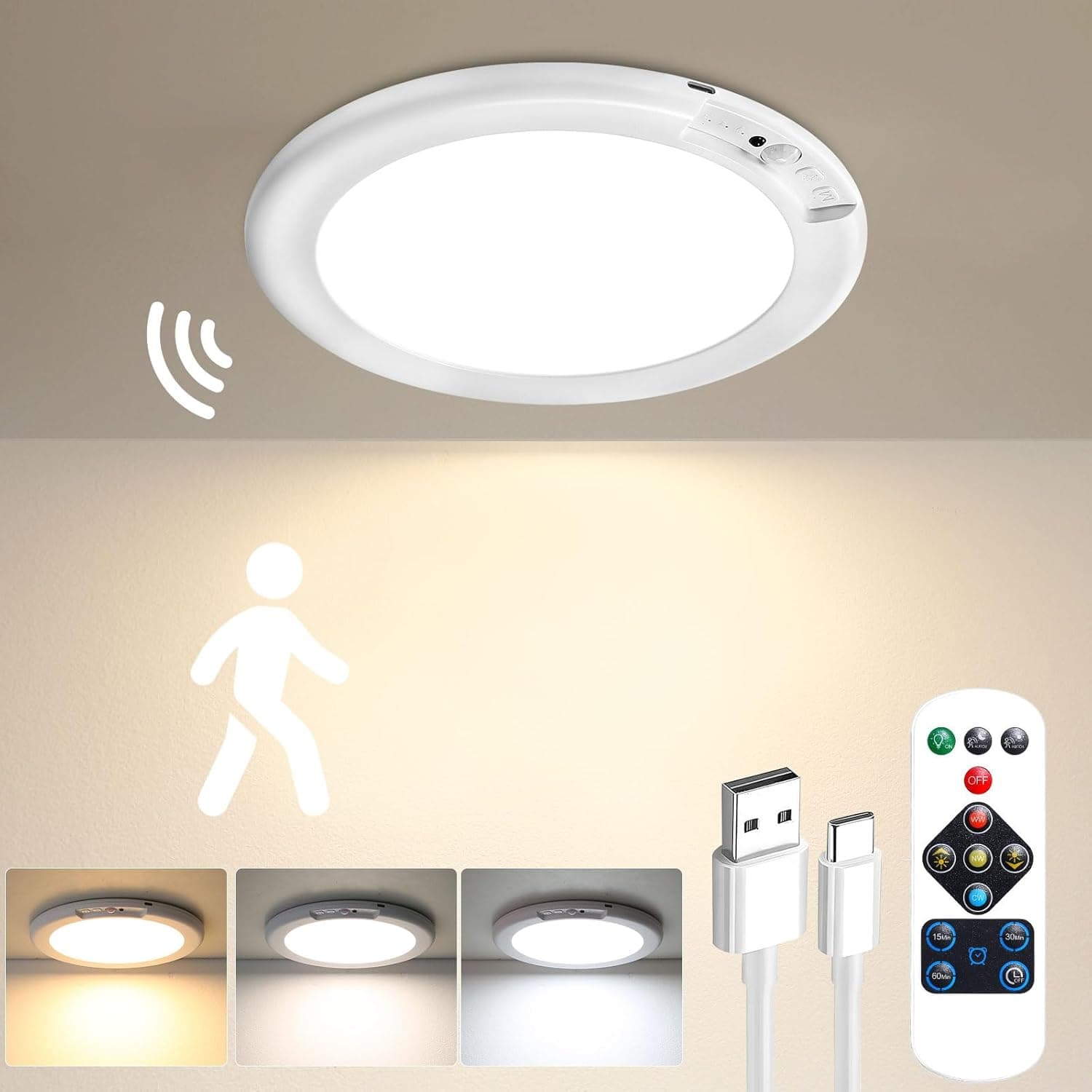 Gotopceed Rechargeable Motion Sensor Ceiling Light with Remote - Magnetic Wireless Ceiling Light Battery Powered for Closet Shower Stairs Shed Hallway ect