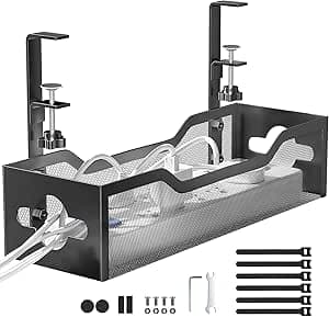 Under Desk Cable Management Tray No Drill, Metal Mesh Cable Management Under Desk with Clamp Mount, 2 Hole Cable Tray with Wire Management and Cord Organizer for Home Office Standing Desk